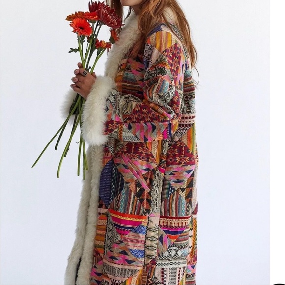 NWOT Free People Caravan Patchwork Dream fur trim Coat Sz L - Picture 3 of 10
